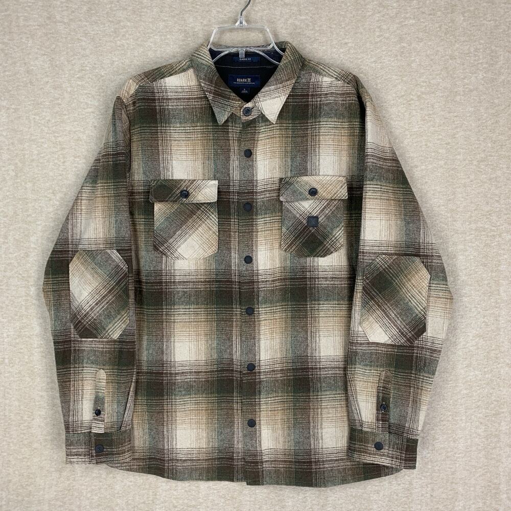 Roark Nordsman Flannel Shirt Mens Large Brown Green Plaid Elbow Patch Snap Wool